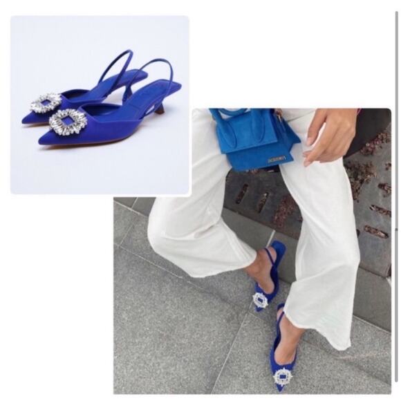 Zara Blue SHIMMERY MID-HEEL SLINGBACK SHOES Size 5 - Picture 5 of 13